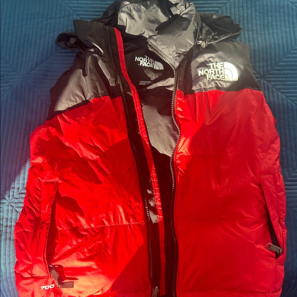 The North Face - Women’s small Vibrant Red and Black puffer vest with hood